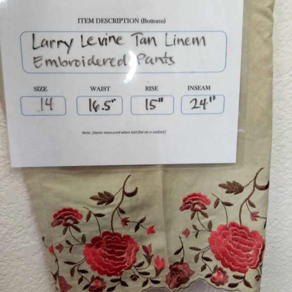 Larry Levine Tan Linen Blend Embroidered Pants 14 - Picture 11 of 11